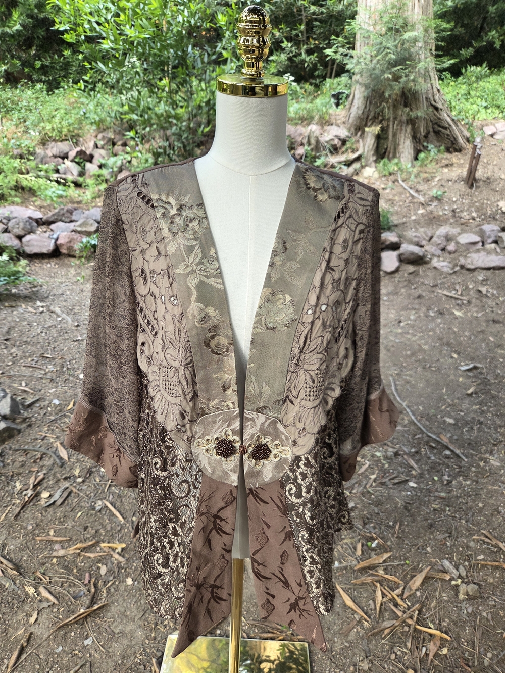 Spencer Alexis Vintage Lace and Satin Kimono Jacket in Taupe and Chocolate